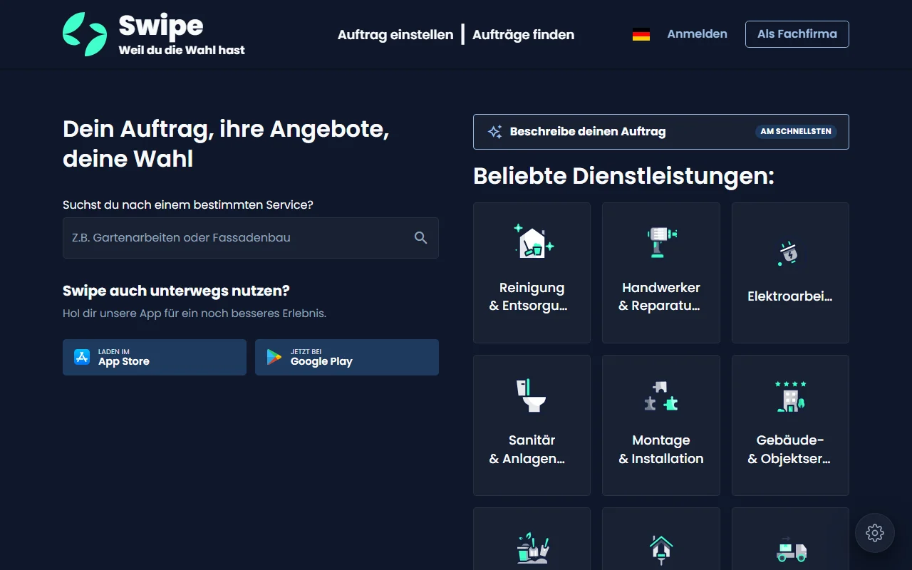 Startseite von Swipe: Suche nach einem Service, „Beschreibe deinen Auftrag“ und beliebte Dienstleistungen